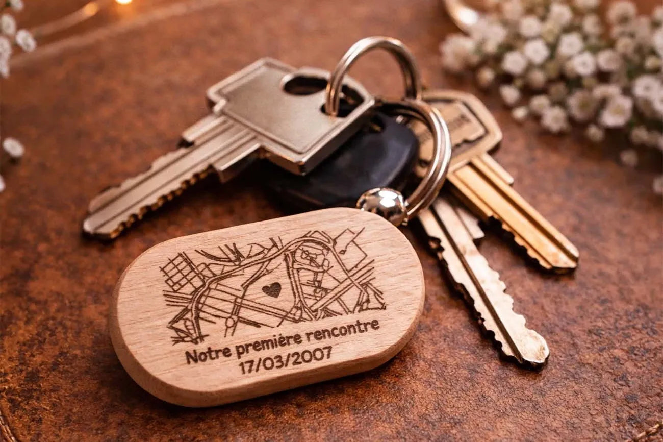 Porte clé bois personnalisé gravé au laser avec carte du lieu de rencontre et date, cadeau couple original Maison Beaudeux