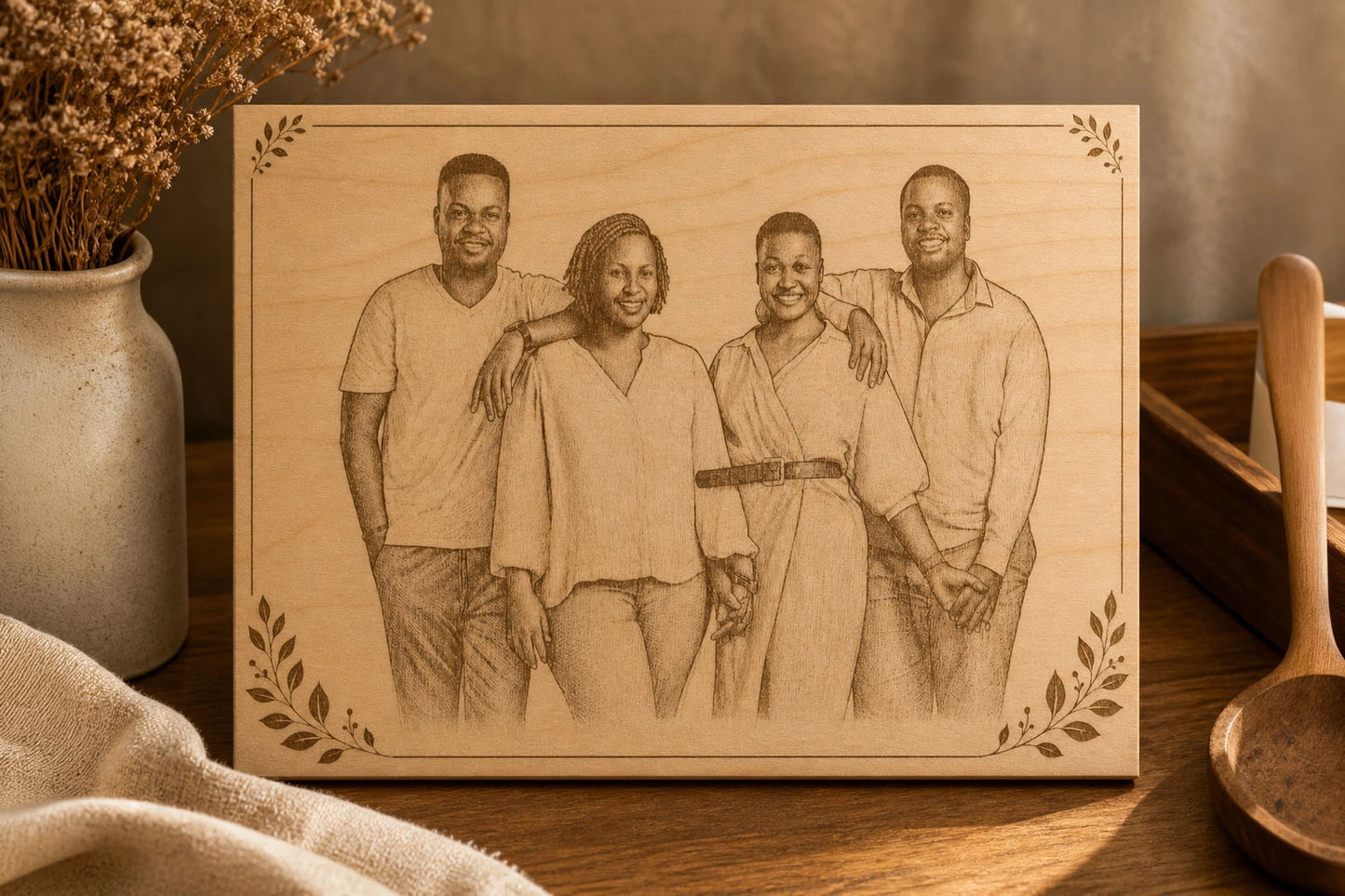 Portrait famille personnalisé gravé sur bois de bouleau, cadeau famille original avec cadre floral et prénoms, Maison Beaudeux
