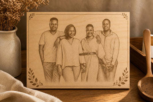 Portrait famille personnalisé gravé sur bois de bouleau, cadeau famille original avec cadre floral et prénoms, Maison Beaudeux
