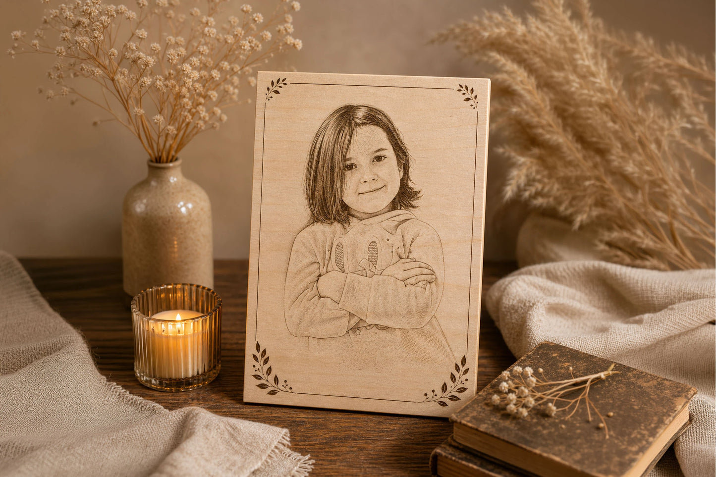 Portrait individuel personnalisé gravé sur bois de bouleau, cadeau souvenir unique avec cadre floral, Maison Beaudeux