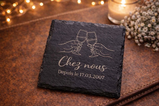 Dessous de verre personnalisés en ardoise gravée, set artisanal Maison Beaudeux