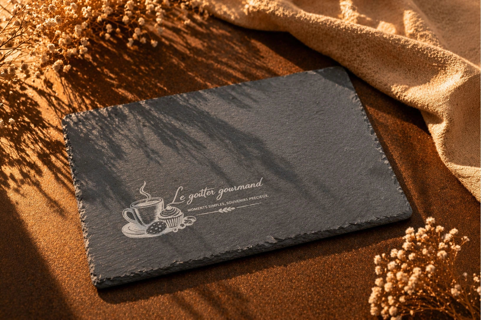 Planche apéro personnalisée gravée sur plateau ardoise naturelle, 30x20 cm, bords taillés à la main, Maison Beaudeux