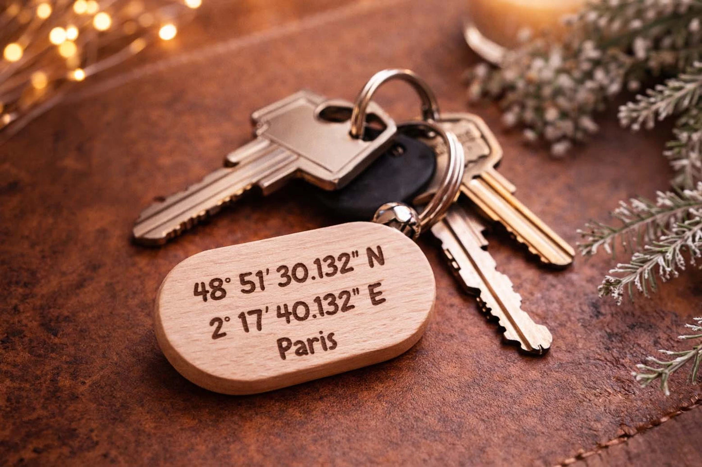 Porte-clé GPS personnalisé en bois avec coordonnées gravées en degrés et minutes, fabrication artisanale Maison Beaudeux