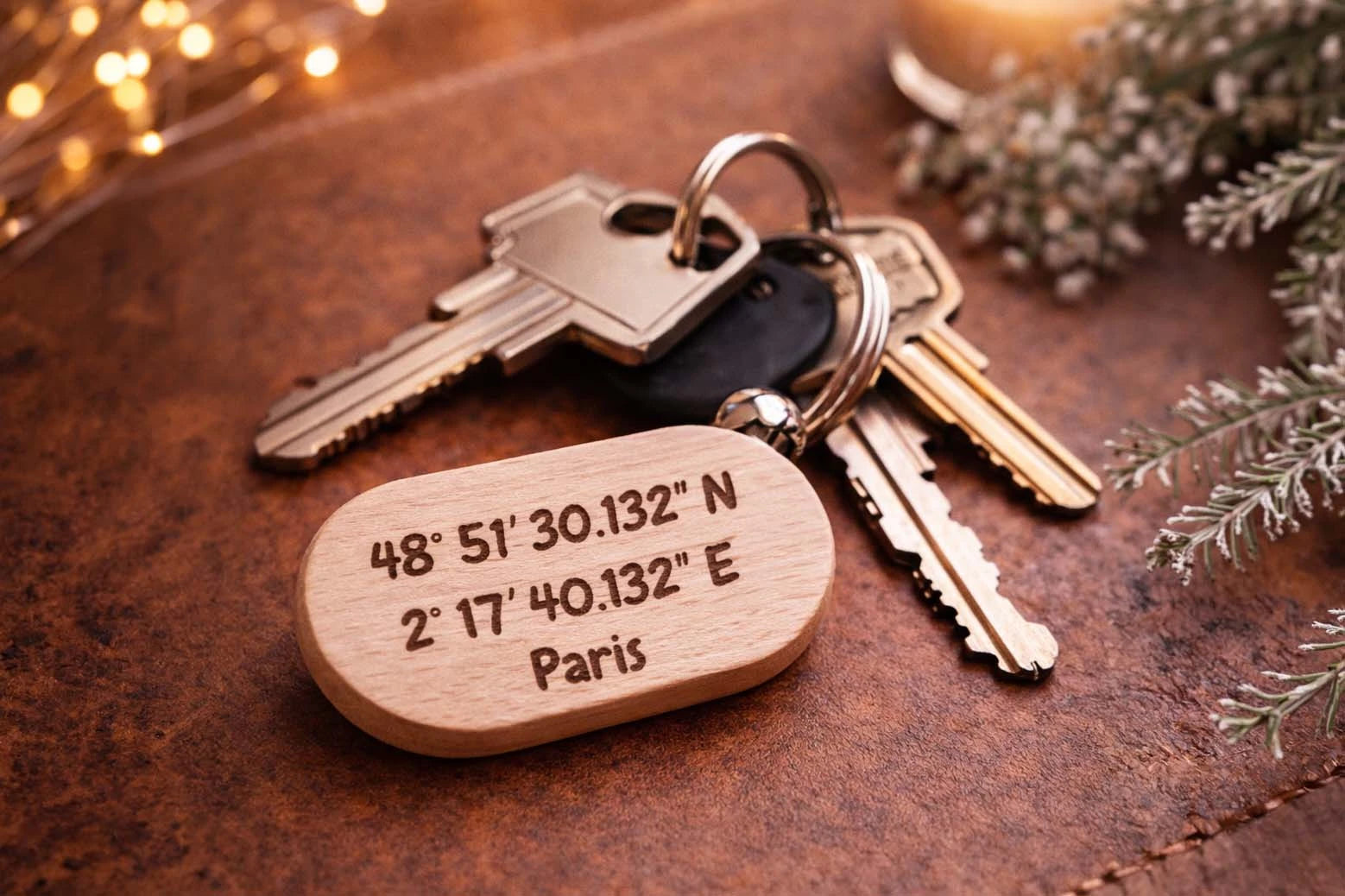 Porte-clé GPS personnalisé en bois avec coordonnées gravées en degrés et minutes, fabrication artisanale Maison Beaudeux
