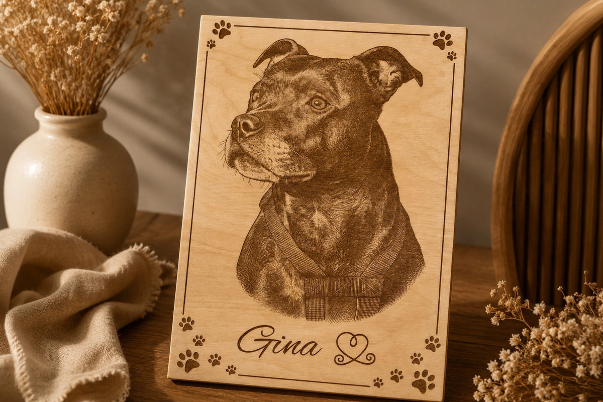 Portrait de chien personnalisé gravé sur bouleau d'après photo