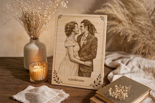 Portrait couple personnalisé gravé sur bois de bouleau, cadeau unique avec cadre floral et date, Maison Beaudeux
